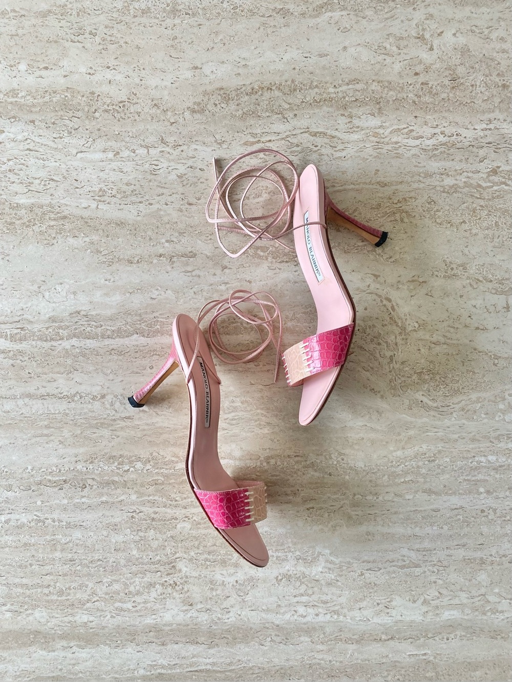 Vintage Manolo Blahnik Croc Leather Ankle Tie Sandal Heels